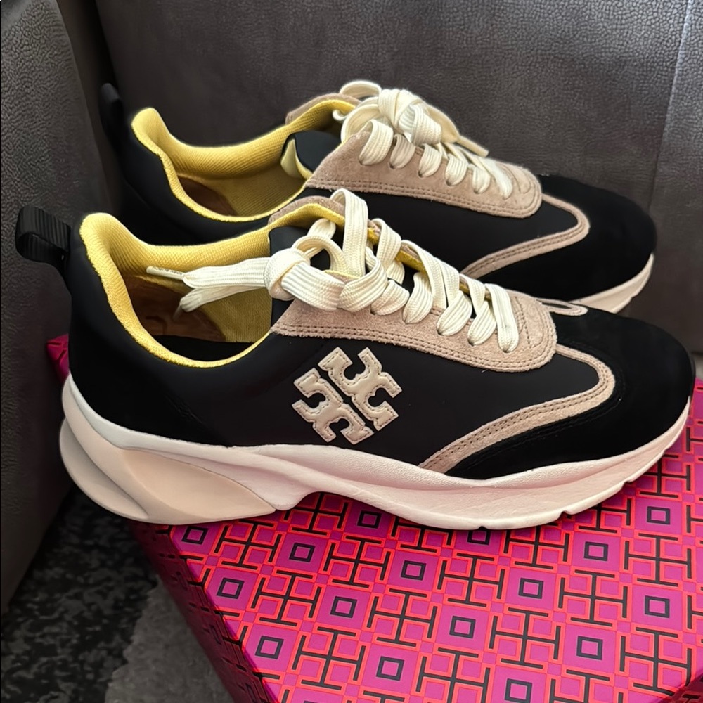 Tory Burch Good Luck Trainer Black and Natural Suede Women's Sneakers - Picture 4 of 9